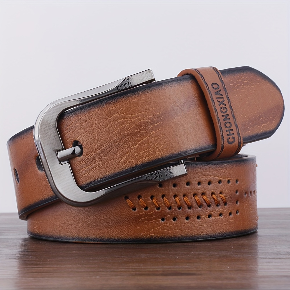 Men's Vintage Brown Faux Leather Belt with Metallic Buckle